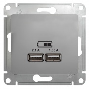 Зарядка USB 5В/2100мА, 2х5В/1050мА механизм SE Glossa, алюминий
