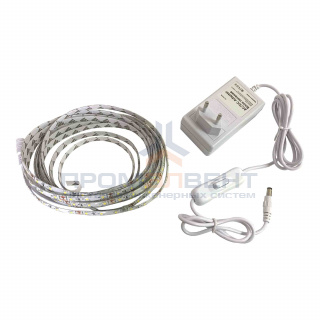 SL-27 Комплект светодиодной ленты 12В, 4,8Вт/м, smd3528, 60д/м, IP65, 220Лм/м, ширина подложки 8мм, 5м, т/б, 3000К, с аксессуарами (адаптер питания, коннектор-1шт.).