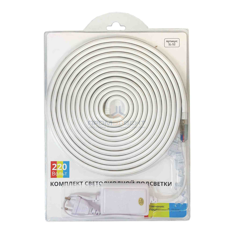 SL-52 Комплект светодиодной ленты 220В, 12Вт/м, smd5050, 60д/м, IP44, 700Лм/м, ширина подложки 12мм, 5м, RGB, оплетка из белого ПВХ, с аксессуарами (шнур питания 220В с кнопочным RGB контроллером, заглушка-1шт., крепеж-5шт.).